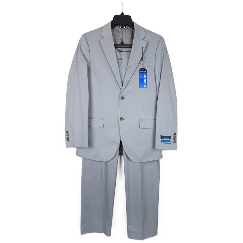 Nautica Mens Modern Fit 2 Piece Suit 42L 36x32 Grey Solid Stretch Cotton NWT